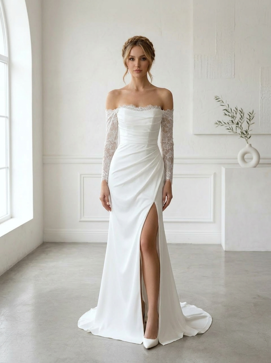  White Mermaid Sequins Crepe Back Satin Wedding Dress